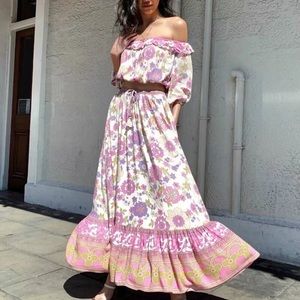 Bohemian Pink Floral Print Pleated Maxi Skirt